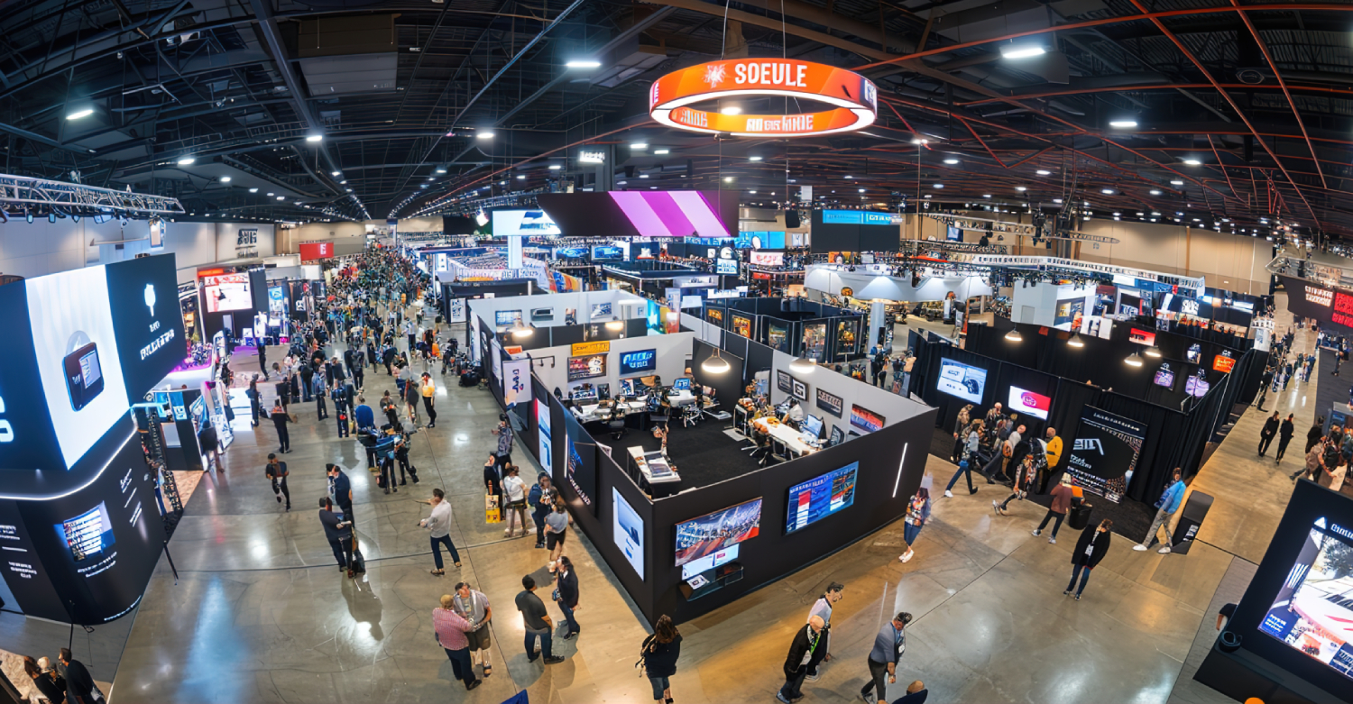 Aerial view of a busy exhibition hall with custom stands