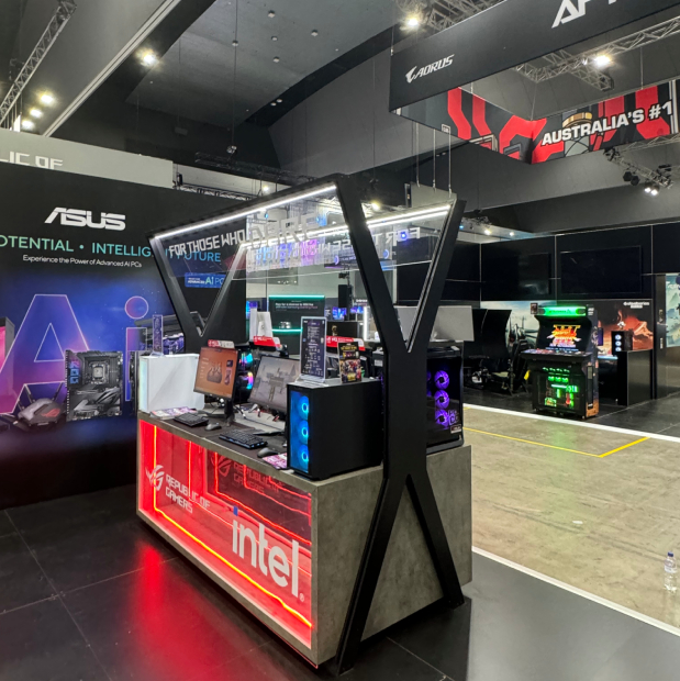 ASUS exhibition stand with a red-lit Intel counter