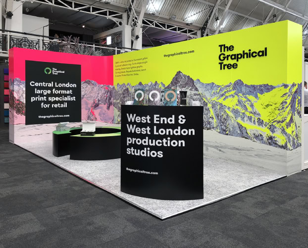 Exhibition stand with large-format printed graphics and vinyl signage