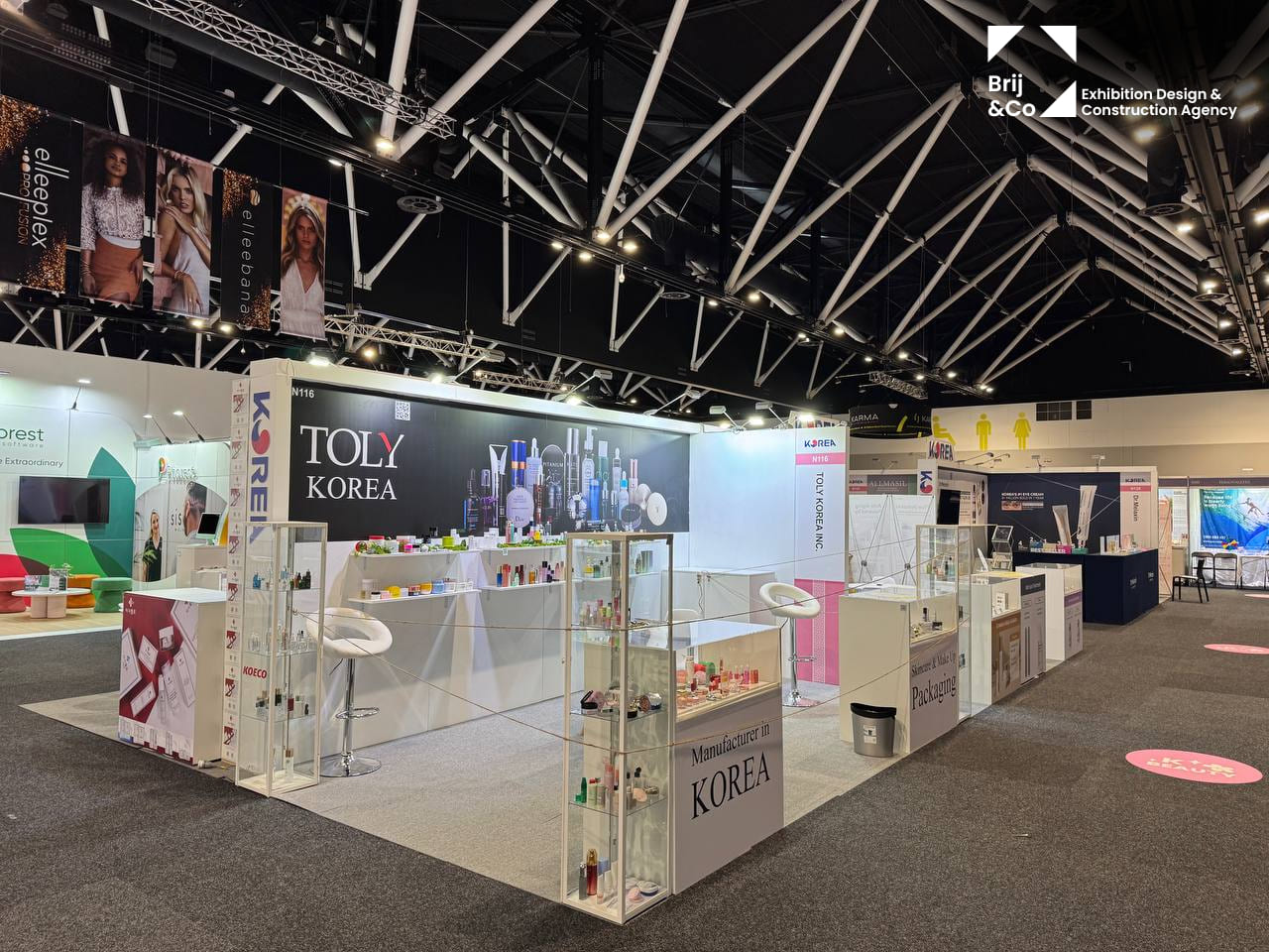 Korea pavilion exhibition stand with white booths and brand graphics