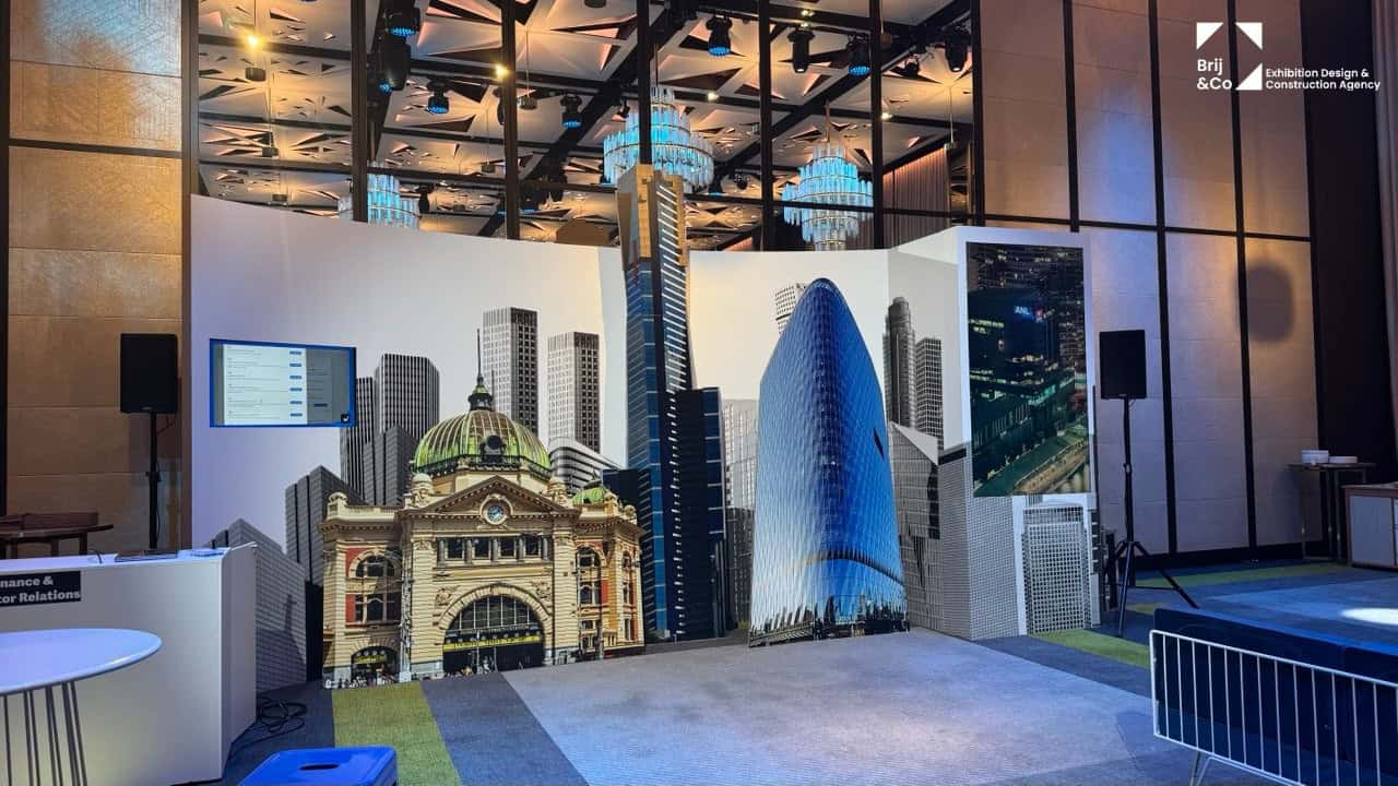 Networking event set with a printed Melbourne skyline backdrop