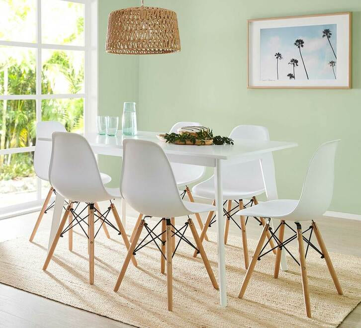 Hire furniture: white dining table with white moulded chairs