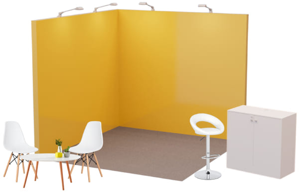 Shell scheme stand package with a yellow backwall, chairs and cabinet