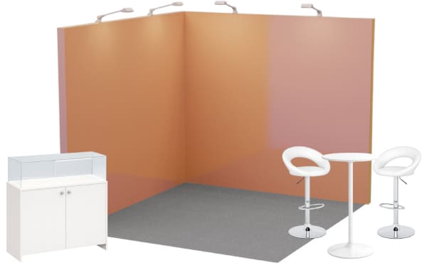 Shell scheme stand package with a peach backwall, glass showcase and bar stools