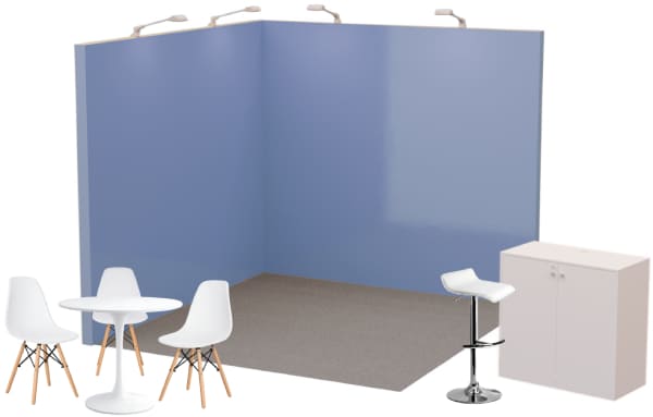Shell scheme stand package with a blue backwall, café table, chairs and cabinet