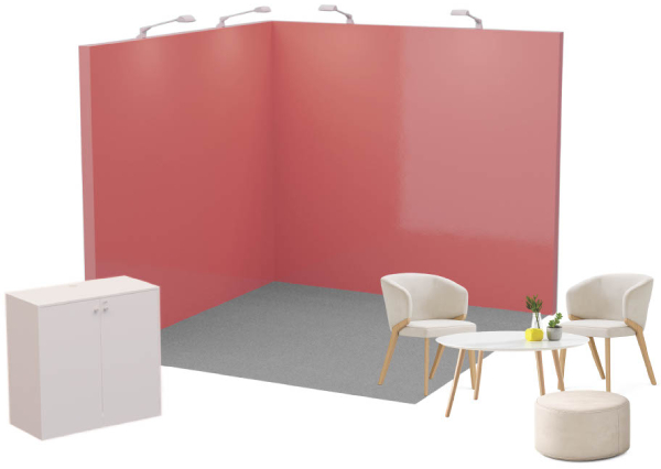 Shell scheme stand package with a pink backwall, cabinet, armchairs and coffee table