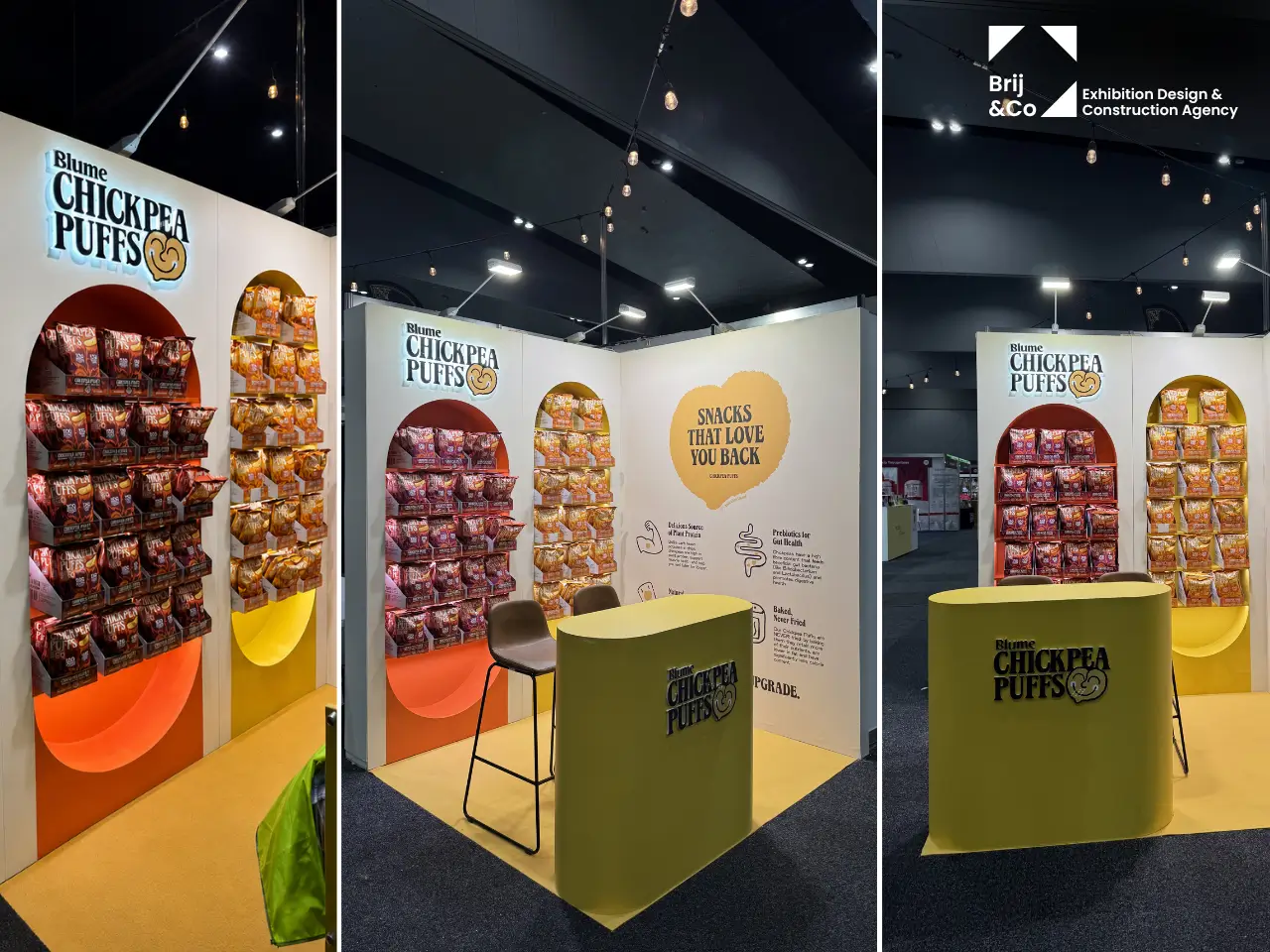 Blume Chickpea Puffs exhibition stand with product wall and arched graphics