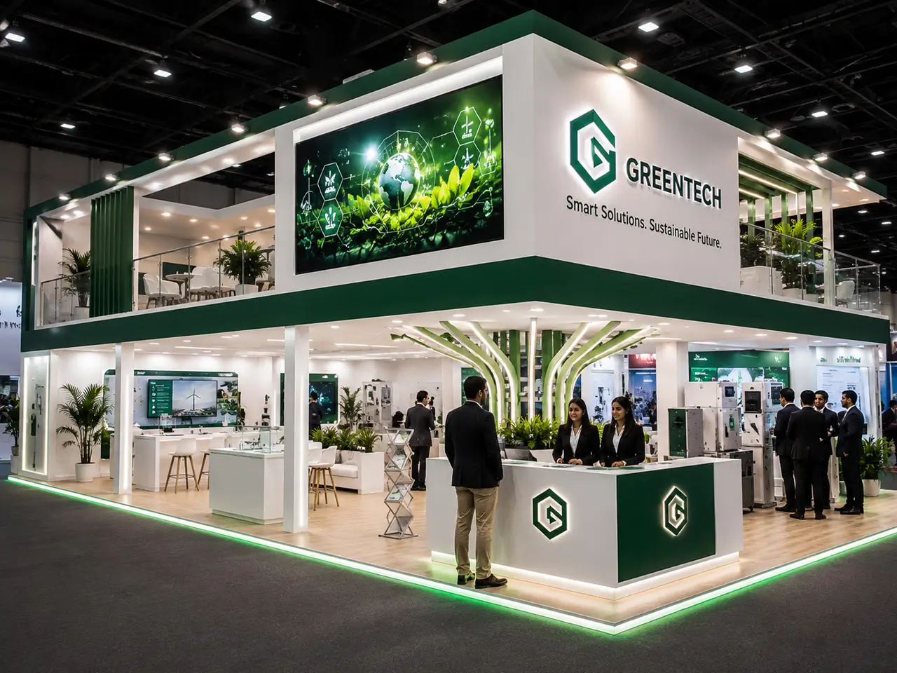 Design render of a Greentech double decker exhibition stand with green lighting