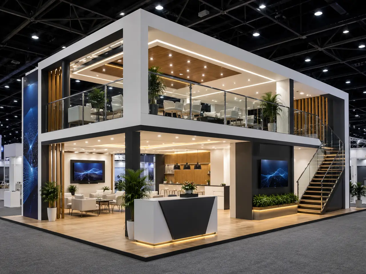 Design render of a double decker exhibition stand with timber slats and an upper meeting deck