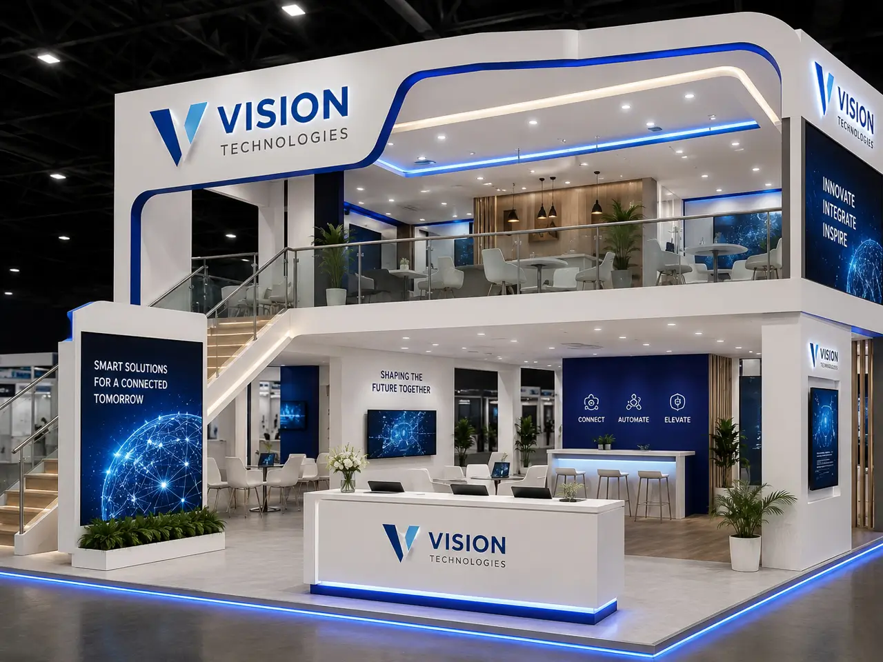 Design render of a Vision Technologies double decker exhibition stand with a staircase