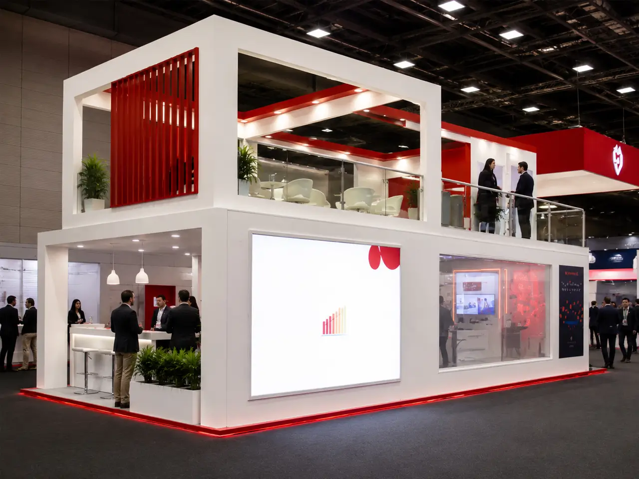 Design render of a red and white double decker exhibition stand