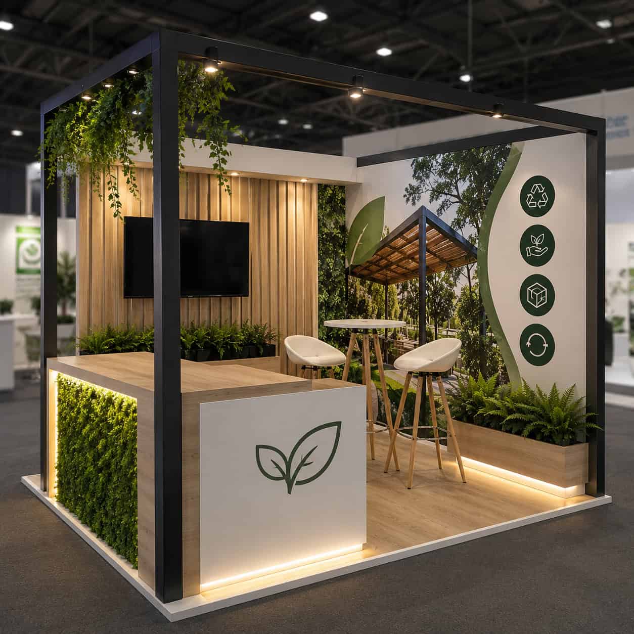 Design render of a sustainable exhibition stand with living plant walls and timber details