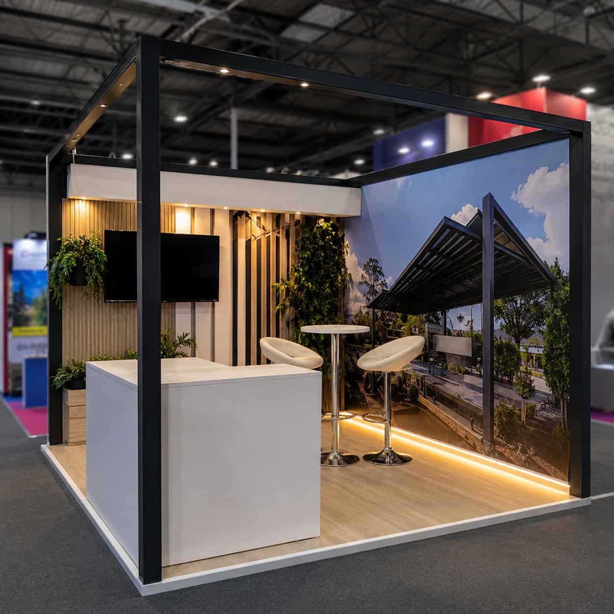 Design render of a sustainable exhibition stand with timber slats, greenery and a black frame