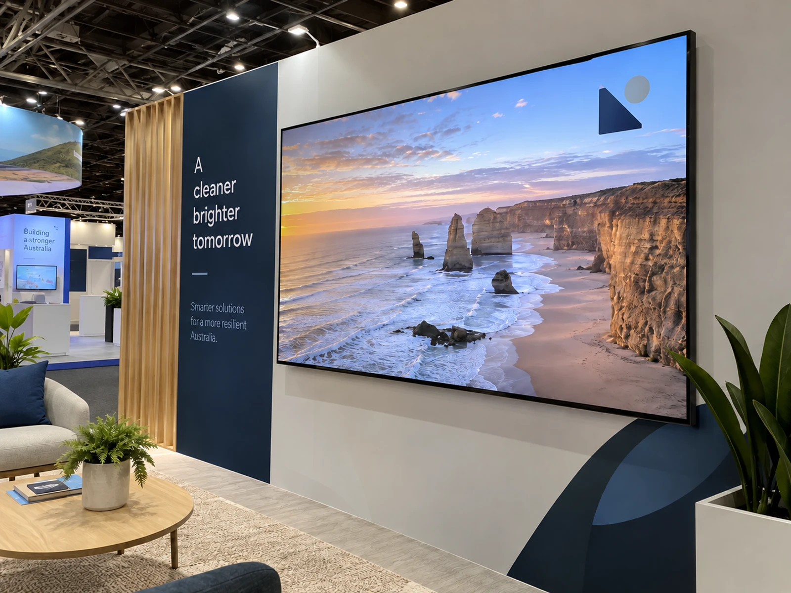 Large screen mounted in a custom exhibition stand wall playing brand content