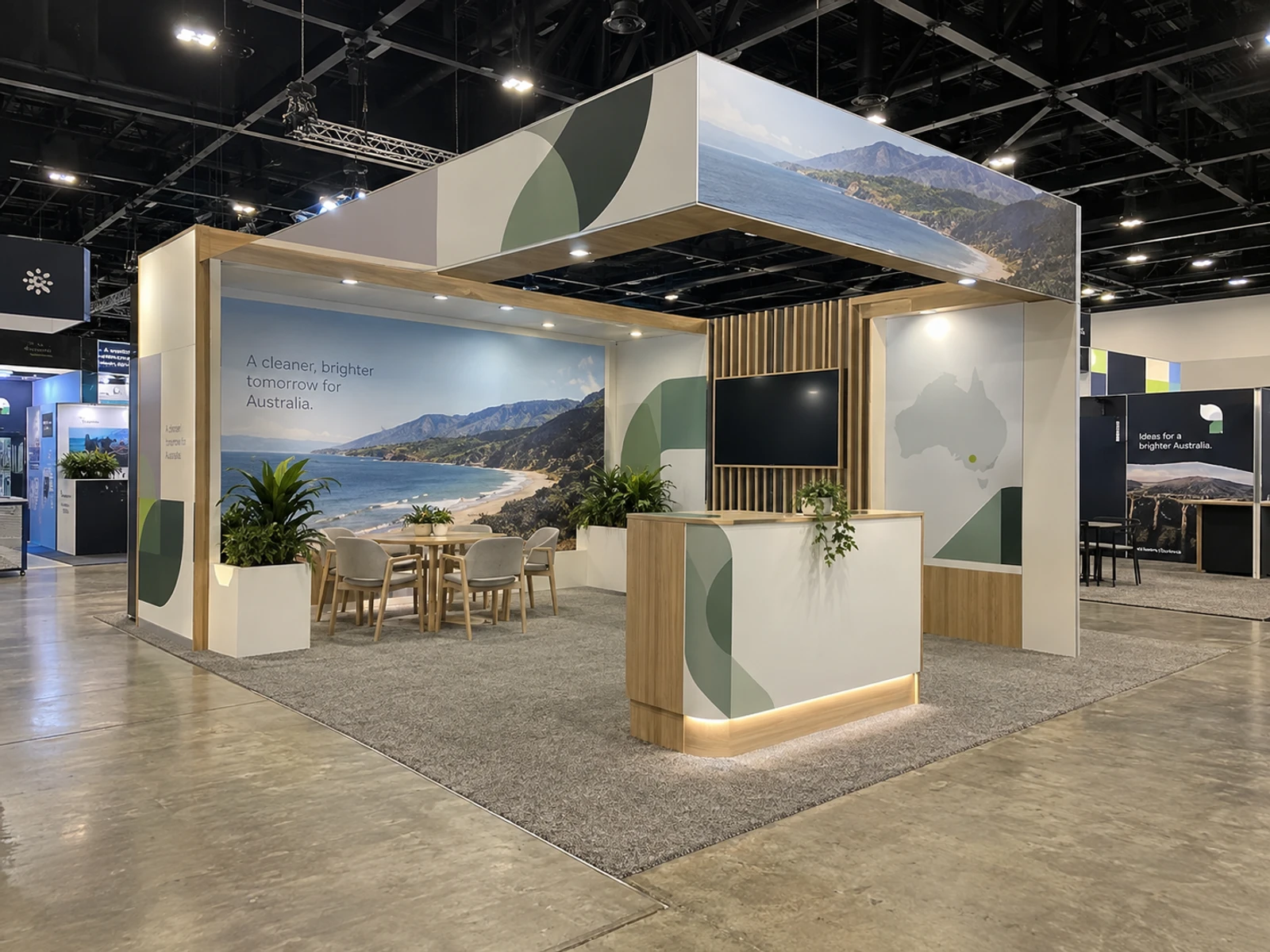 Finished exhibition stand in a Brisbane Convention and Exhibition Centre hall