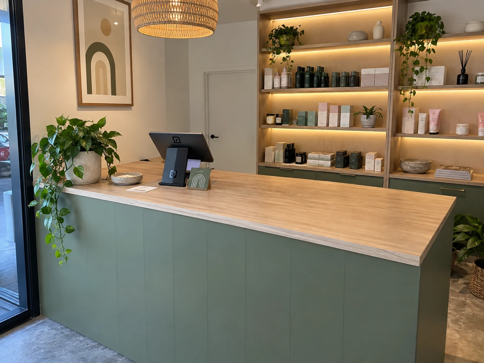 Custom retail service counter with laminate front and timber top inside a Sydney shop