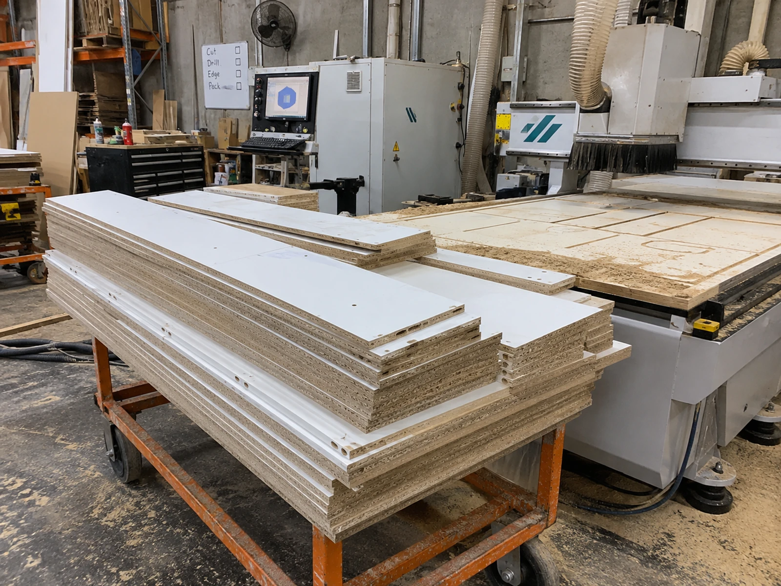 Cut cabinetry panels stacked beside the CNC router in the Brij & Co workshop