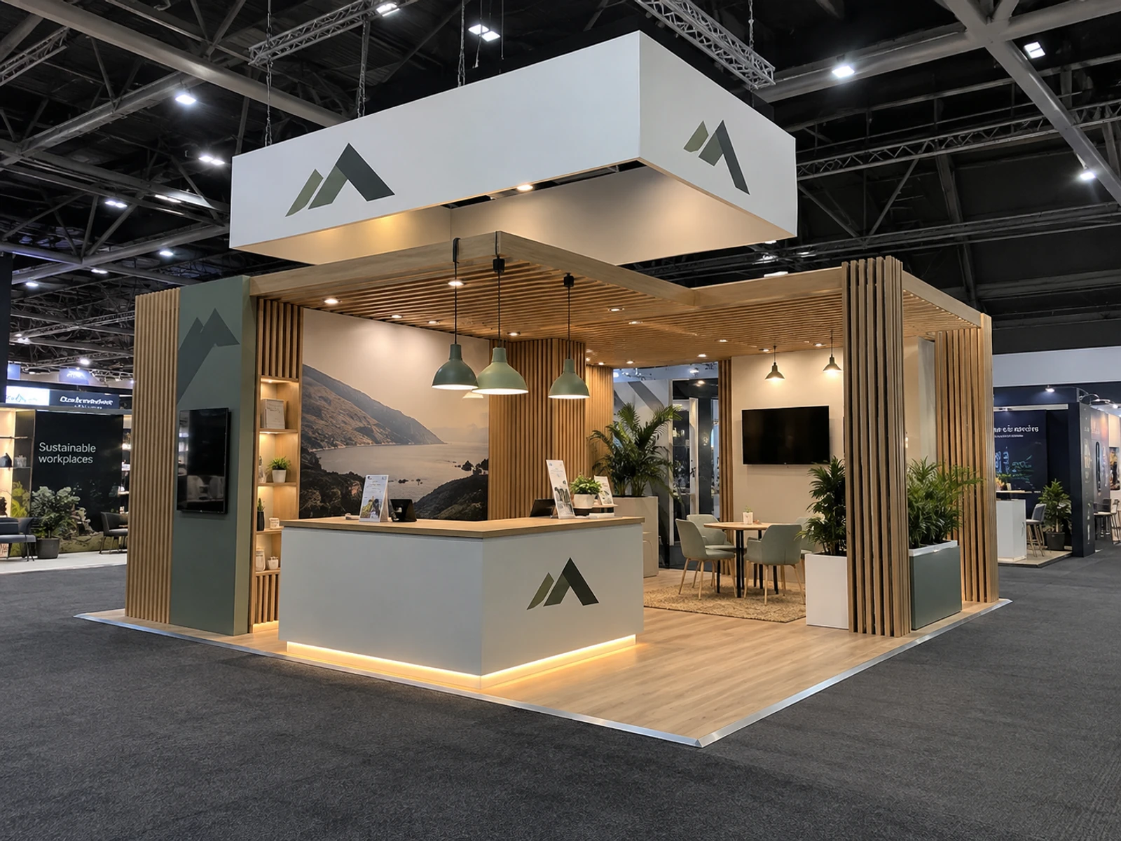 Finished custom island exhibition stand with timber and white walls before the show opens