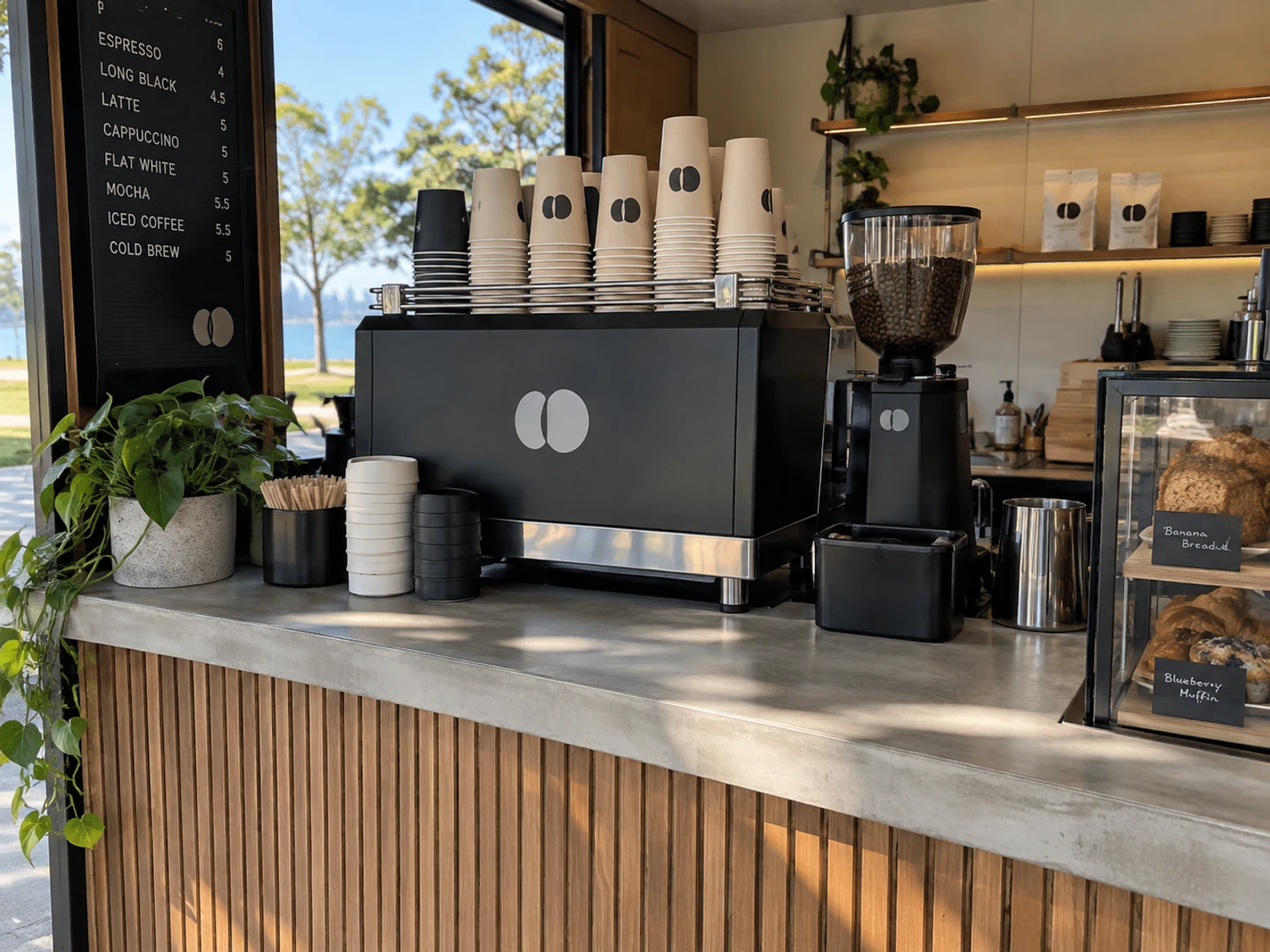 Coffee kiosk counter with espresso machine, grinder and cup storage