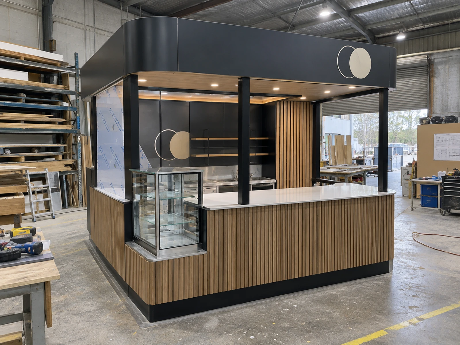 Kiosk joinery fully pre-assembled in the Brij & Co workshop before delivery