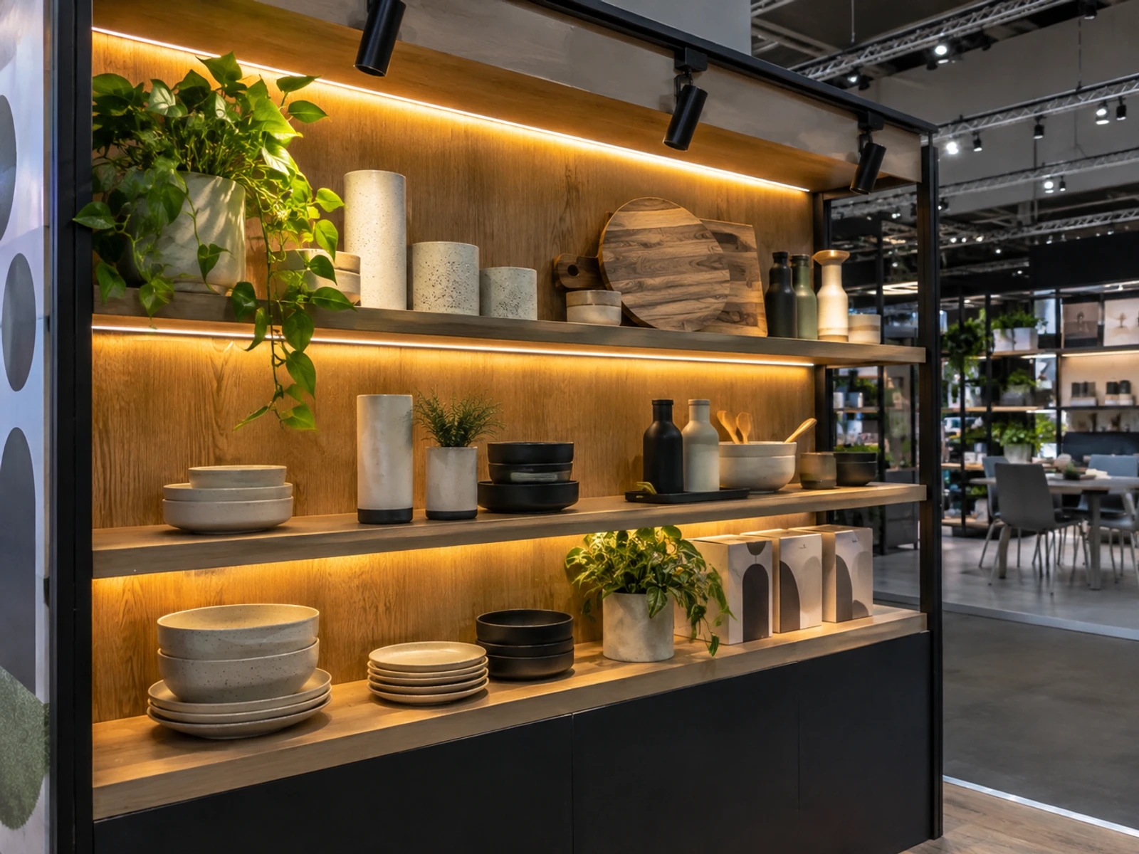 Display shelves lit with LED strips and spotlights on an exhibition stand
