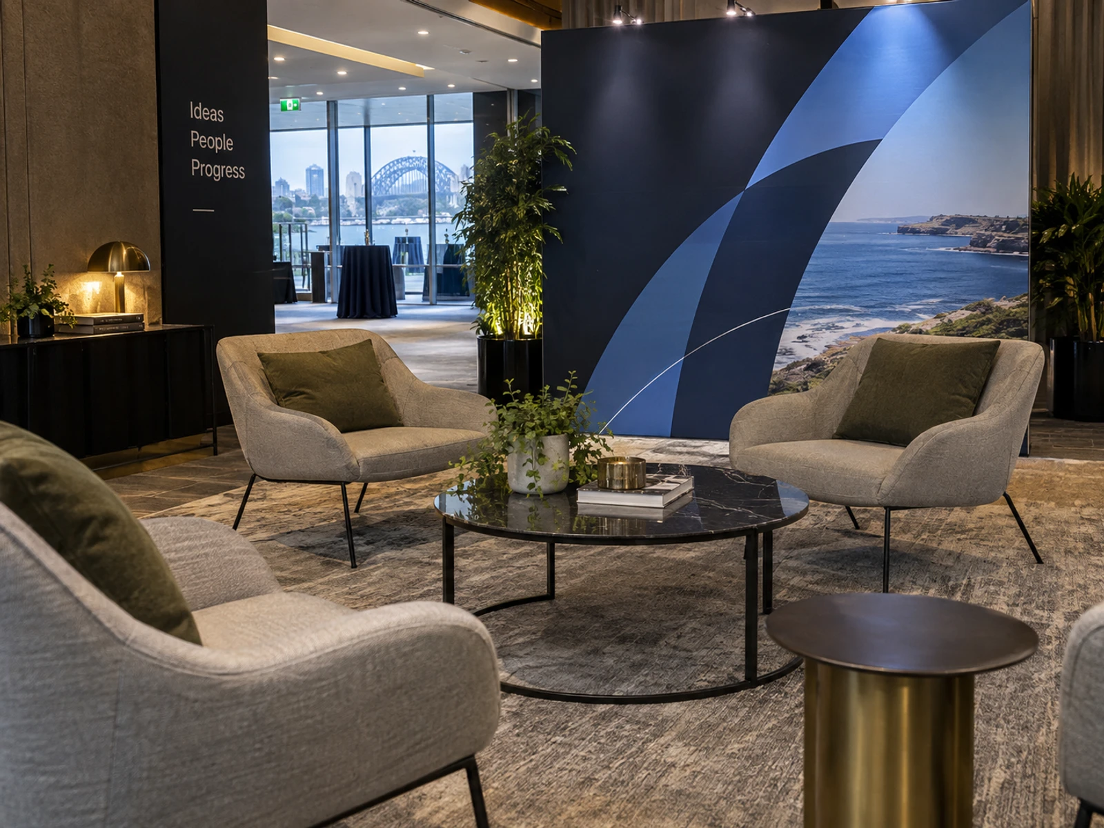 Lounge seating area set up for a corporate networking event