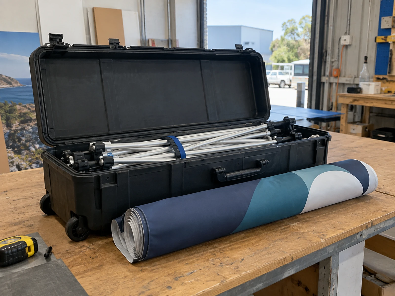 Pop-up display frame packed into its wheeled transport case