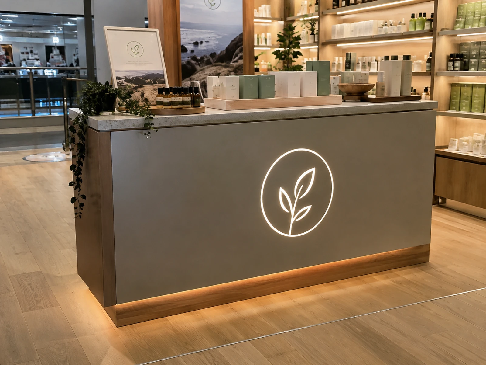 Finished branded display counter with a backlit logo and product shelf