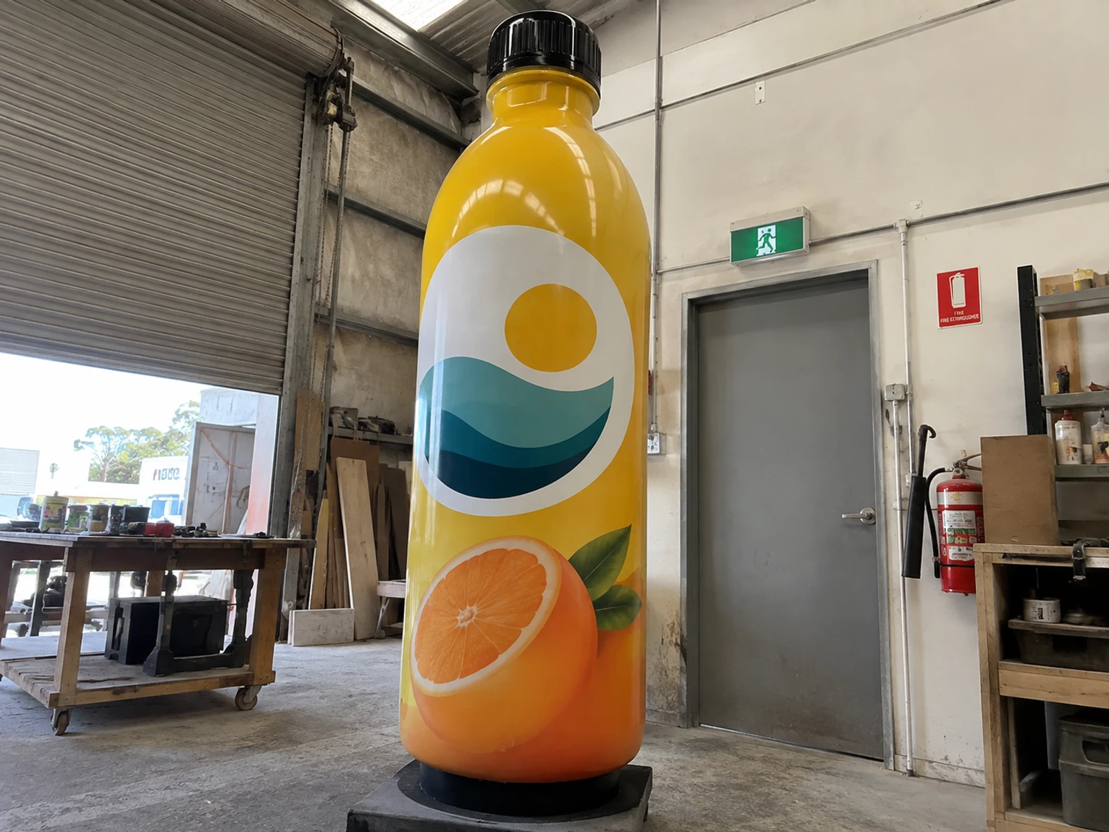 Oversized product bottle prop finished and standing in the workshop
