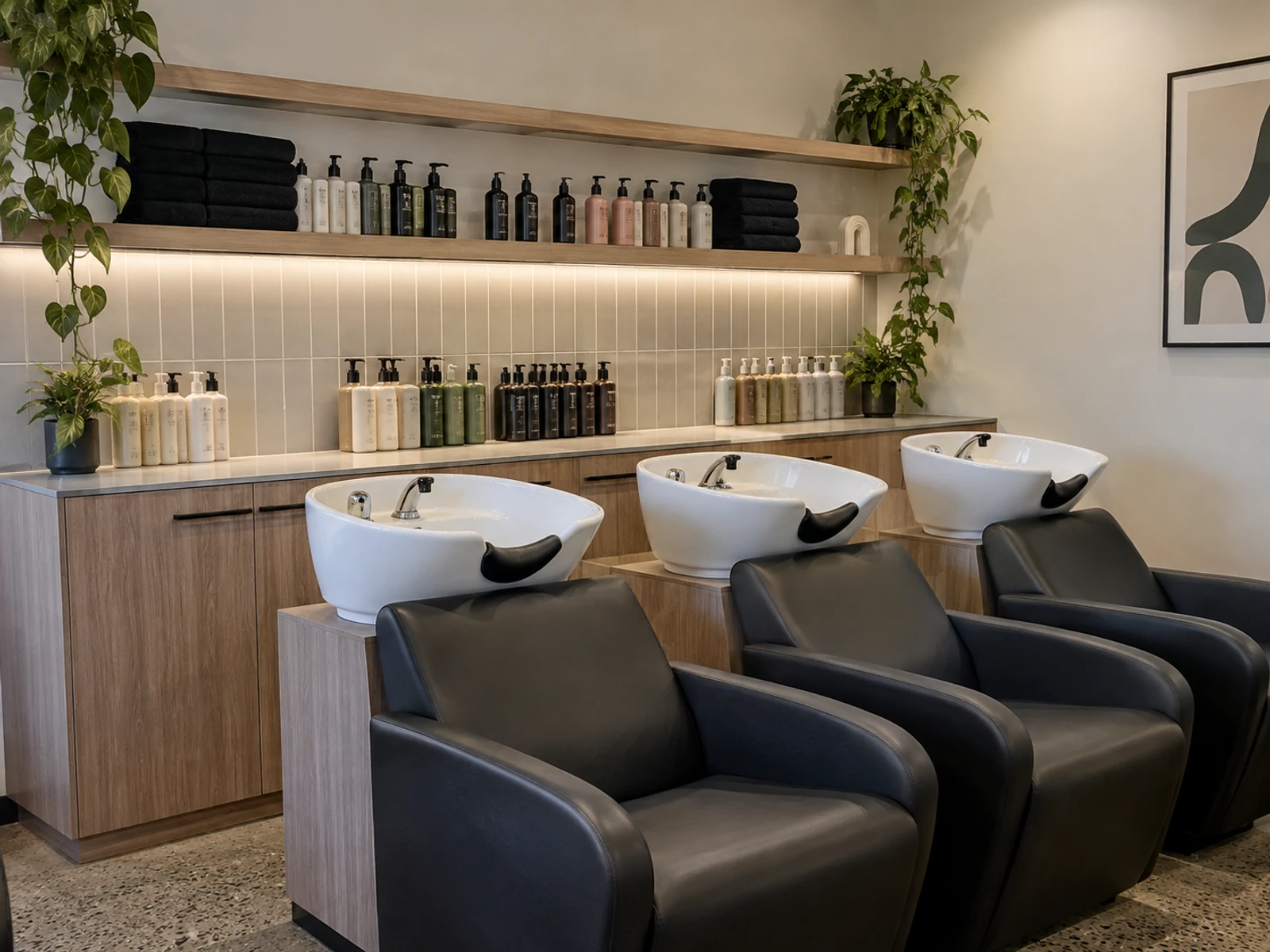 Salon wash area with basins set into custom laminate joinery