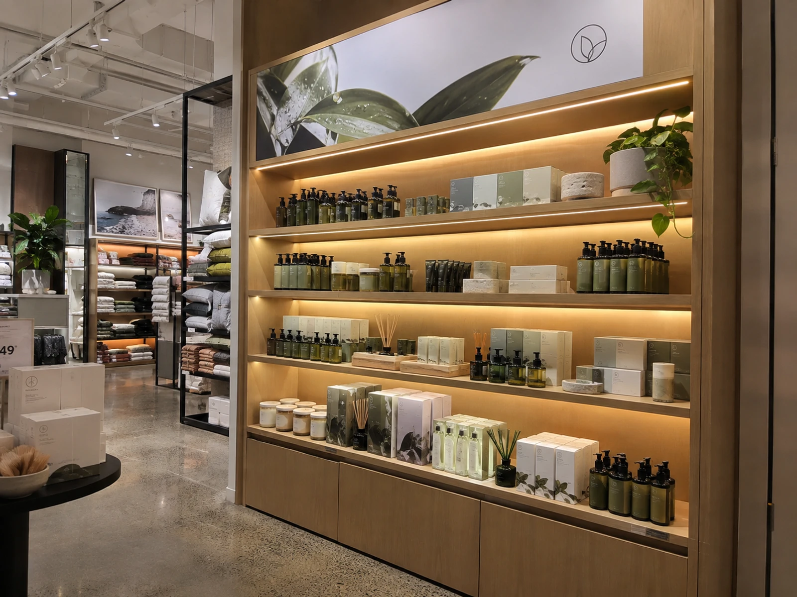 Timber wall bay shelving with lit shelves displaying a product range in a store