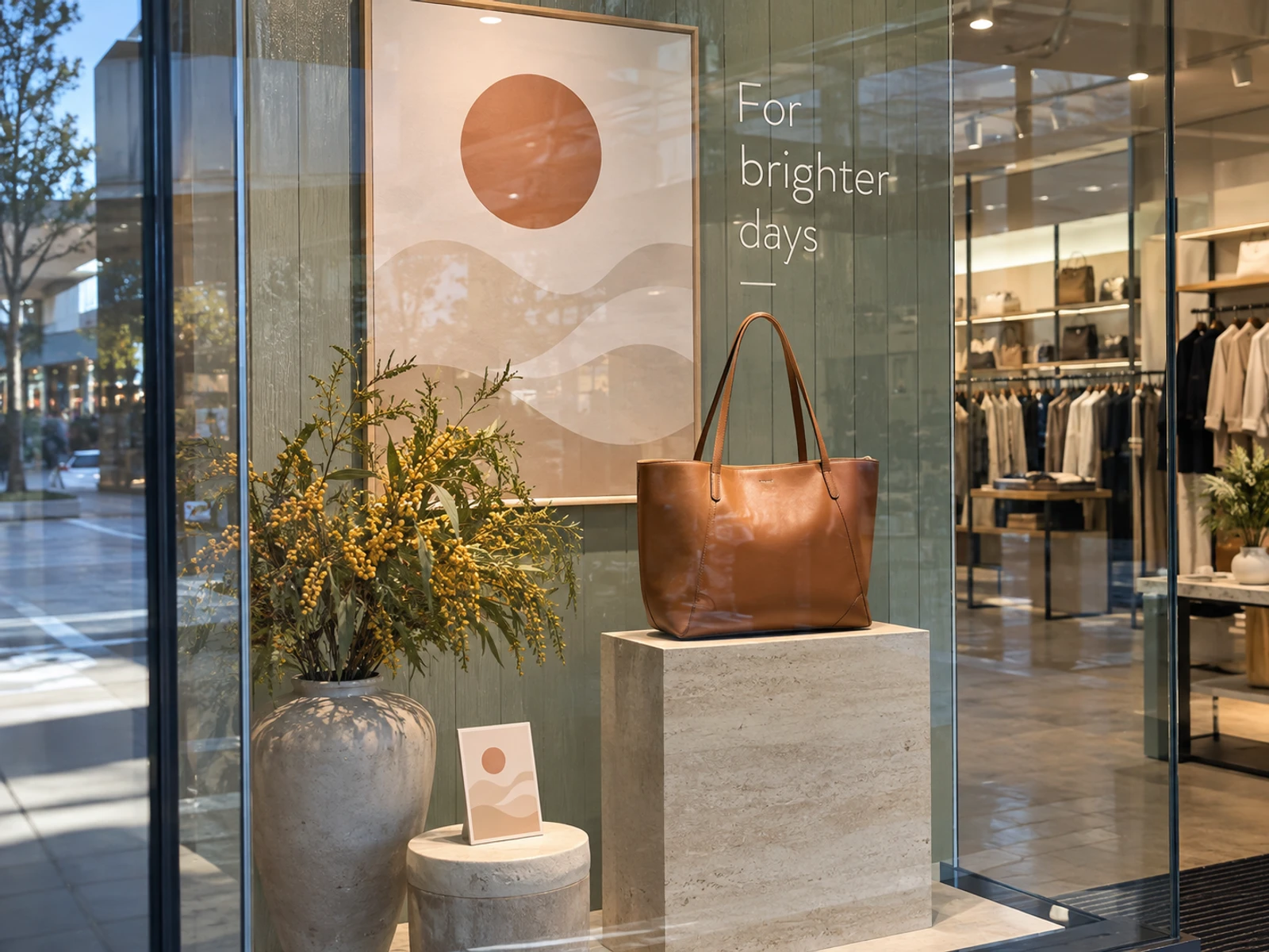 Shop window display with painted timber props and a single hero product on a plinth